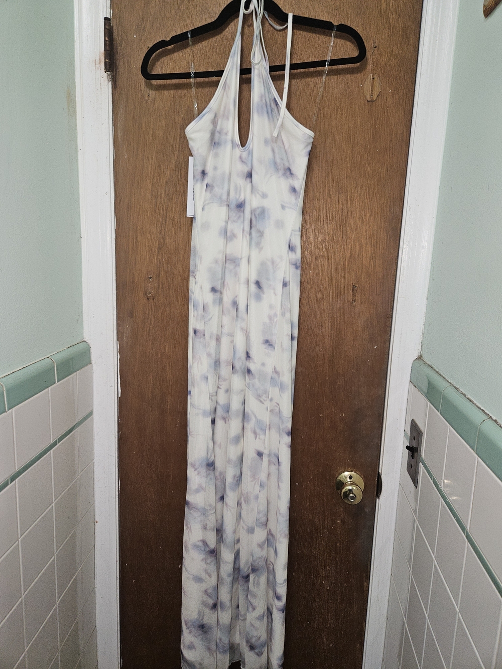 Princess Polly Walk On Water Cream & Blue Halter Keyhole Maxi Dress - Picture 3 of 5